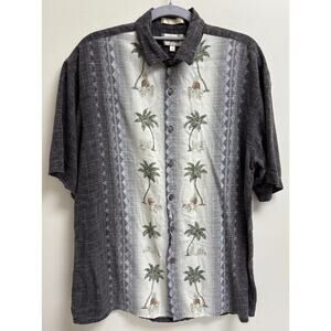 Campia Moda Mens Hawaiian Shirt Large Gray Palm Tree Rayon Button Up Aloha